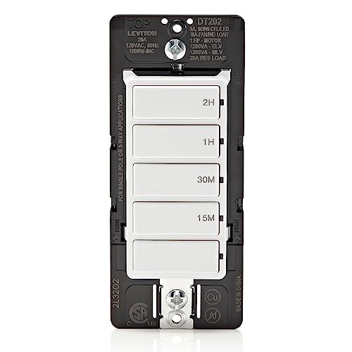 Leviton Countdown Switch for lights, attic, heaters, pool pumps, 15-30 min, 1-2 hour, Neutral Wire Required, 20A, 1 HP/16A Fan/Motor, Single Pole, Multi-Way or Multi-Timer, DT202-1LW, White - style: 1-2 hour, Neutral Wire Required