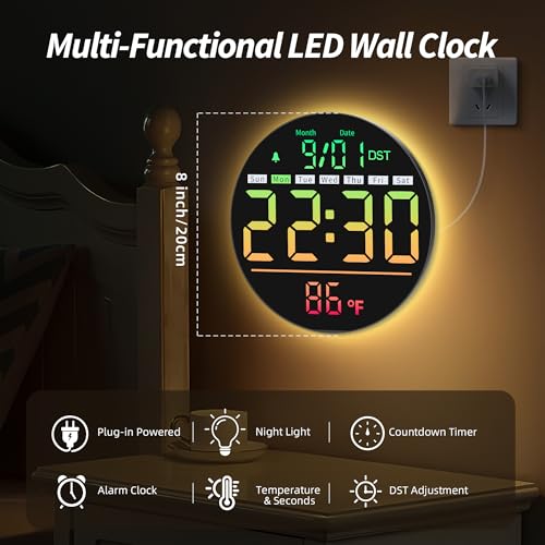Maxstar Led Digital Wall Clock with Timer, Seconds, Temperature, Date, DST, Nightlight, RGB Color, Alarm Clock, 5-Level Display Brightness, Digital Clock Timer for Classroom, Bedroom, Garage, Gym - color: Multicolor