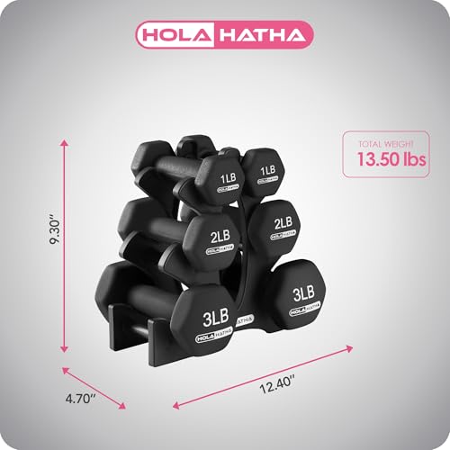HolaHatha 1, 2 and 3 lb Neoprene Dumbbell Strength Training Weight Set with Rack - color: Black, size: 12 LB