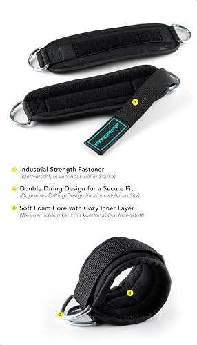 Fitgriff® Ankle Straps V3 for Cable Machine (2 Pieces) - Gym Workout Equipment - Leg Pulley Attachment, Kickback Straps - color: Black/Cyan