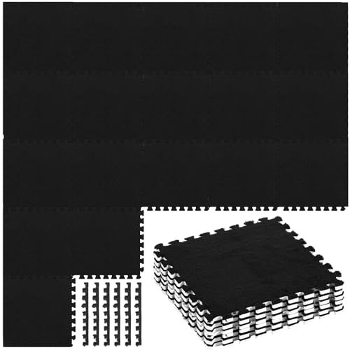 Timgle 36 Pcs Interlocking Carpet Tiles Plush Foam Floor Mats with Border Fluffy Play Mat Floor Tiles Soft Climbing Area Rugs for Kids Home Playroom Decor, 12 x 12 x 0.4 Inch(Black)