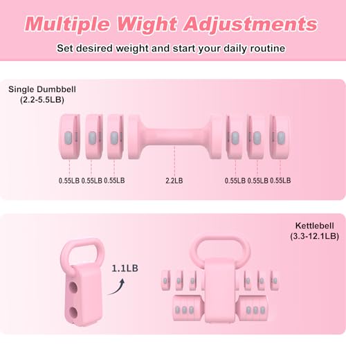 RINREA Adjustable Dumbbell Set, Hand Weight Dumbbells with Kettlebell Shell | ABS, Weight Adjustable, Quick Lock, Kettlebell & Dumbbell in 1 Set, Compact, Space-saving, Women, Home Gym, Office, Traveling - color: Pink