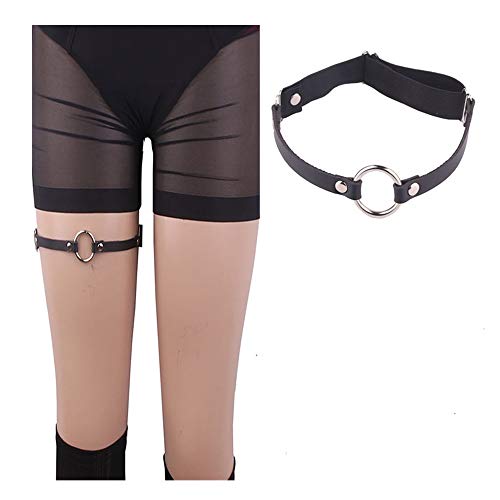 Adjustable Elastice 2 Rows Leather Leg Harness Garter Belt Punk Gothic Thigh Ring Garter - color: Black With Ring & Cat