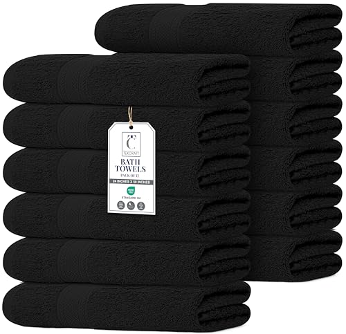 Commercial Bulk Pack of 12 Large Bath Towels – 100% Cotton Terry 24" x 50" – Ideal for Hotels, Salons, Gyms, Spas & Institutional Use – Black - color: Black, size: 24"x50" - PK 12