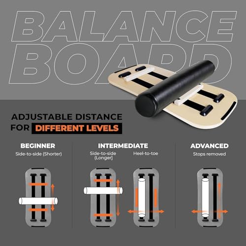 Balance Board Surf Trainer with Adjustable Stoppers - 2 Different Distance Options Balance Board for Surfing, Snowboarding, Skiing, Skateboarding, 300lbs Capacity - color: Black