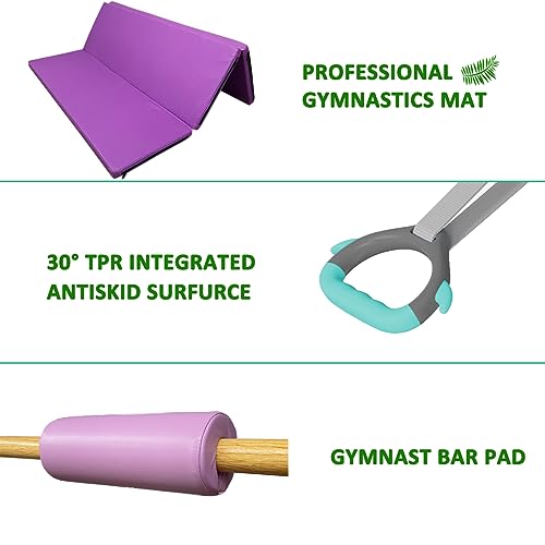 Foldable & Moveable Gymnastics Horizontal Bar with Rings,3’to 5’Adjustable Height Expandable Junior Kip Bar for Home,Indoor Gym Equipment for Kids - style: MAT-Purple with Rings