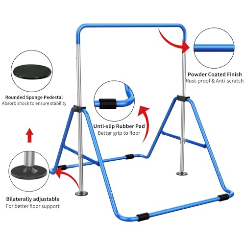 Tepemccu Expandable Gymnastics Bars, Adjustable Height Gymnastic Horizontal Bars, Children Folding Training Bar for Kids - color: Blue with mat