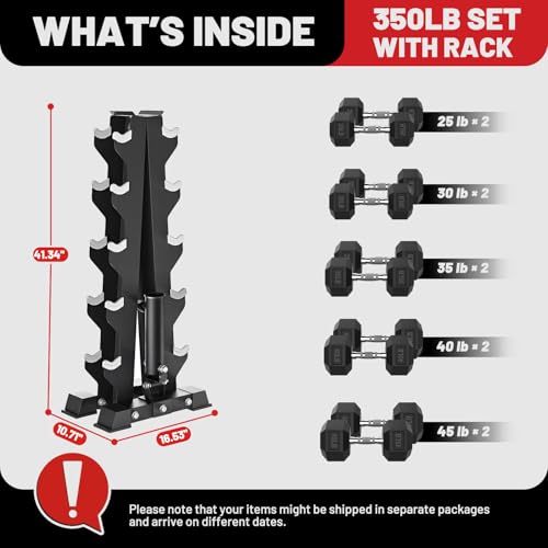 Hex Dumbbell Sets with Rack, 85-560lb Dumbbell Weight Set & Storage Rack | PAPABABE Dumbbell Set with Stand, Rubber Dumbbell Weight Set, Multiple Options Hand Weight for Strength Training - size: 350lb(25, 30, 35, 40, 45lb)x2 & T-Bar Rack