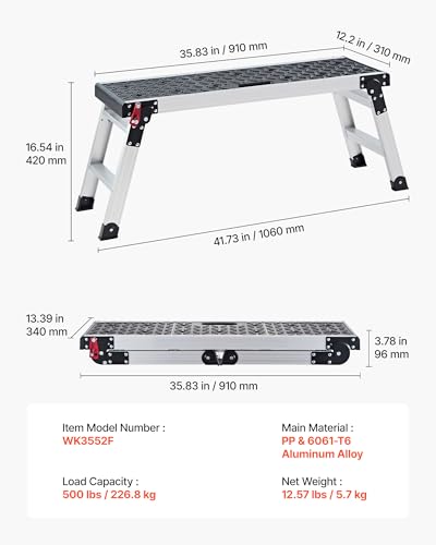 VEVOR Folding Work Platform, 35.8 x 12.2 in Aluminum Step Stool, 16.5 in Height, 500 lbs Load Capacity, Heavy Duty Platform Ladder with Locks, Portable Work Bench for Painting & Maintenance & Home