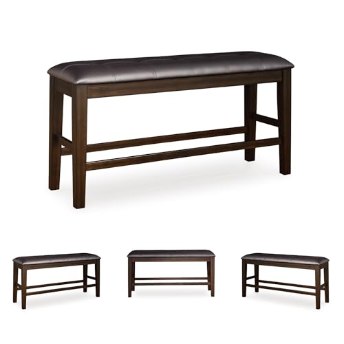Signature Design by Ashley Upholstered Counter Height Dining Bench, 50" | Tufted faux leather seat, Sturdy solid wood frame in smoky oak finish, Fits 34-36" counter islands, Haddigan Series - color: Dark Brown, style: Counter Height Bench