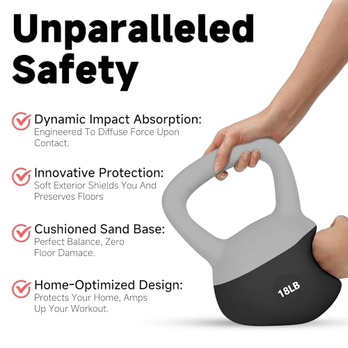 Leikefitness Soft Kettlebells,Weights for Women and Men,Home workout. | Color Coded Anti Slip Grip Kettlebell,Cushioned Impact-Resistant Base,Wide Handle Design - color: BLACK, size: 18 pounds