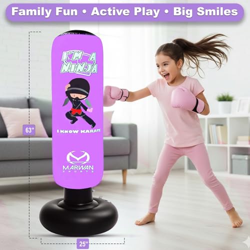 Marwan Sports Ninja Kids Punching Bag — Inflatable Sensory Toy & Birthday Gift for Boys & Girls Ages 4-12, 63" Freestanding 5-in-1 Kit, Indoor Apartment-Quiet Sensory-Friendly Active Play - color: Purple