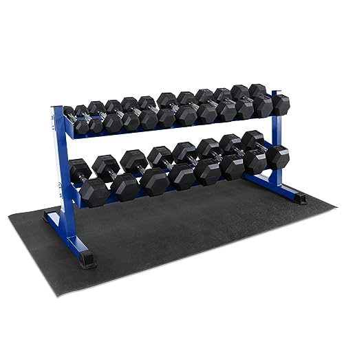 WF Athletic Supply Rubber Coated Hex Dumbbell Set, Multiple Choices Available - Dumbbells with Rack Stand and Mat, or Dumbbells Only (200/550/1200/2100/3000 LB) - color: d. 5 - 50LB w/ 2-tier BLUE Rack and Mat
