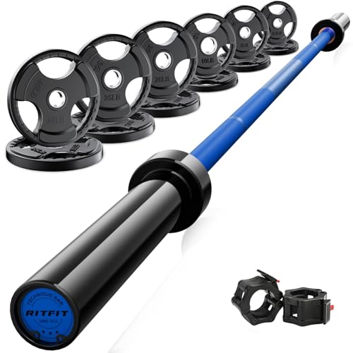 RitFit Barbell Weight Set - 4/6FT Olympic Barbell with Weight Plates (55-115LB Total) - Weightlifting Equipment for Squats, Curls, Deadlifts, Presses, Hip Thrusts - color: Black/Blue, size: 6FT With 245LB Plates
