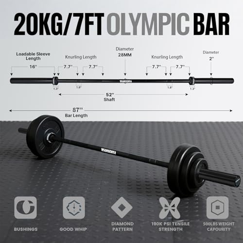 7FT Olympic Barbell 45lb,28MM 2 Inch Olympic Bar for No. 45 Steel,Olympic Weight Bars for Lifting,CrossFit,Bench Press,Deadlift,Squats,Strength Training bars - color: Black-500LBS