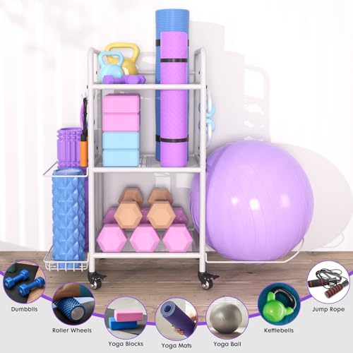 Home Gym Storage Rack Exercise Equipment Storage Organizer for Yoga Mat Dumbbells Kettlebells Foam Roller Yoga Strap & Resistance Bands, Ideal Yoga Mat Holder & Workout Equipment Organizer (White, Small) - color: White
