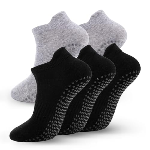 5 Pairs Pilates Socks with Grips for Women Non Slip Grip Yoga Crew Socks for Barre Hospital Barefoot - color: A - 3 Black 2 Gray
