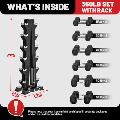 Hex Dumbbell Sets with Rack, 85-560lb Dumbbell Weight Set & Storage Rack | PAPABABE Dumbbell Set with Stand, Rubber Dumbbell Weight Set, Multiple Options Hand Weight for Strength Training - size: 360lb (15, 20, 25, 30, 40, 50lb)x2 & T-Bar Rack