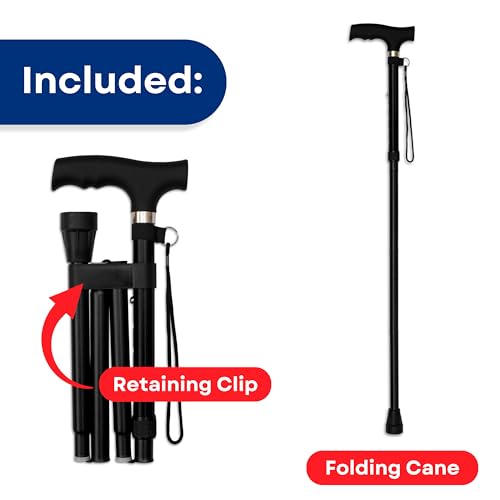RMS Folding Cane - Foldable Walking Cane with Adjustable Height - Collapsible and Lightweight - Soft Ergonomic Handle for Comfortable Grip - Portable Walking Stick for Mobility Aid - color: Black