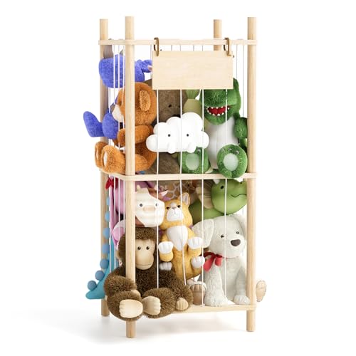 Dayacoco Stuffed Animal Storage, 2 Layer Wood Stuffed Animal Organizer Zoo, Toy Stuffy Storage Bin with Elastic Band and Net for Nursery Play Room Bedroom (Pine Wood) - size: 2 Tiers Without Wheels