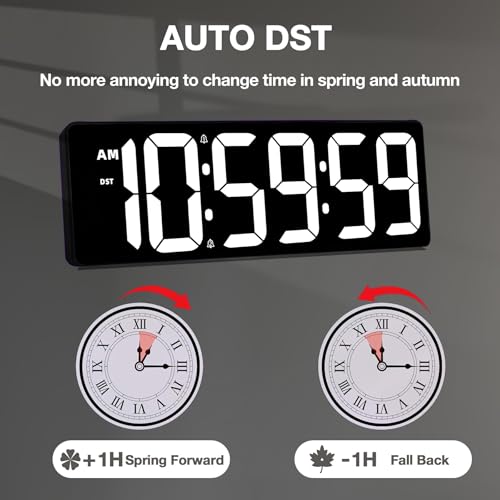 Large Digital Timer Wall Clock with Remote Control, 17.2" Count Down Up Digital Timer LED Display Auto DST Big Digital Clock for Bedroom Kitchen Living Room Office Gym Home Decor, White