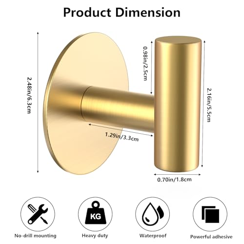 Gold Stainless Steel Wall Hooks, Heavy Duty Self-Adhesive Hooks for Coats, Towels, Robes, Hats, Aprons – No Drill Bathroom, Kitchen, Hotel (2 Pack) - color: Gold, size: Adhesive "T" Shape- 2 Pack