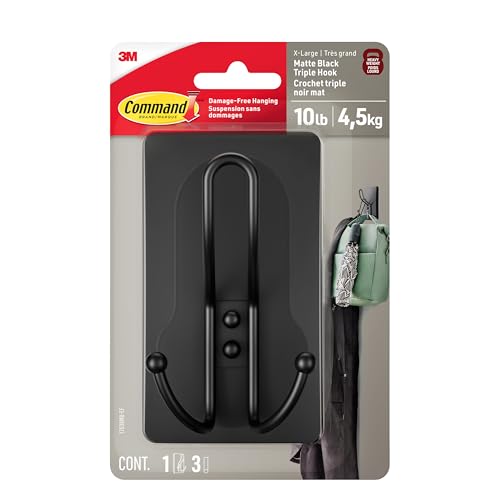 Command X-Large Matte Black Triple Hook, 1 Hook, 3 Strips, Damage-Free Hanging with Adhesive Strips, No Tools Wall Hook for Hanging Decorations in Living Spaces - style: 1-Pack