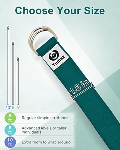 Tumaz Yoga Strap for Stretching with Adjustable D-Ring, 6/8/10 ft | Adjustable D-Ring | Soft Cotton Blend | 15+ Colors | Non-Elastic Yoga Belt for Pilates Stretching & Physical Therapy - color: 24.Teal, size: 8 Feet (with Storage Band)