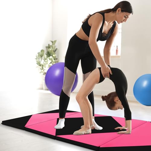 Goplus Gymnastics Mat, Folding Tumbling Mat with Carry Handles, Hook & Loop Fasteners, 4 Panels for Fitness Exercise Yoga Stretching Aerobics Workouts, Thick Gym Mats for Home - color: Rose&Black
