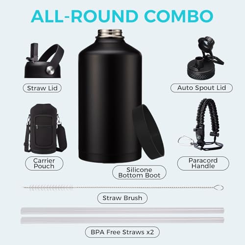 1 Gallon Insulated Water Bottle with Straw - 128oz 64oz Water Jug with Handle Paracord, Straw Spout Lids, Bottle Carrier, Triple Walled Stainless Steel Hydro Bottle, Metal Gallon Water Bottle Large - color: Magic Black, size: 128 Ounces