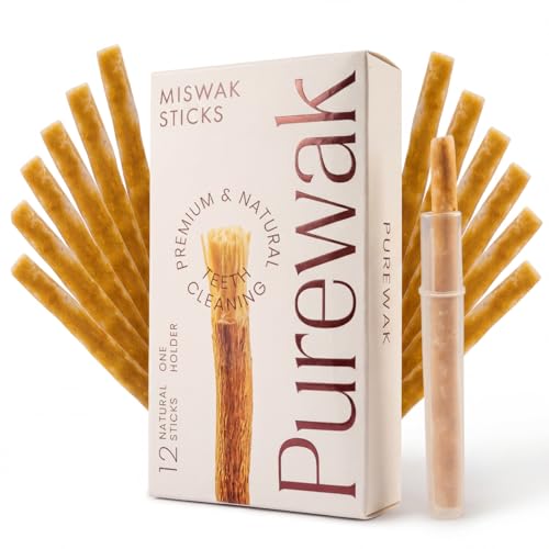 Miswak Sticks, 100% Natural Miswak, Traditional Tooth Cleaning Sticks - 3 Months Supply, 1 Pack, 12 Miswak Sticks with Holder.