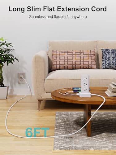 Power Strip Tower Surge Protector, 6FT Flat Plug Extension Cord with Multiple Outlets, 12 AC Outlets 4 USB (2 USB C), Desktop Charging Station with Surge Protection for Home Office Dorm Room, White - color: White, size: 6FT