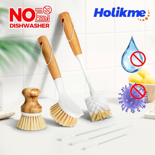 Holikme 6 Pack Dish Brush Scouring Pad Set with Bottle Brush, Dish Brush, Palm Scrub Brush and Straw Brush, Dish Scrubber Long Handle for Dish Bottle Cup Pot Pan Iron Abrasive Cup Brushes, Yellow - color: Yellow