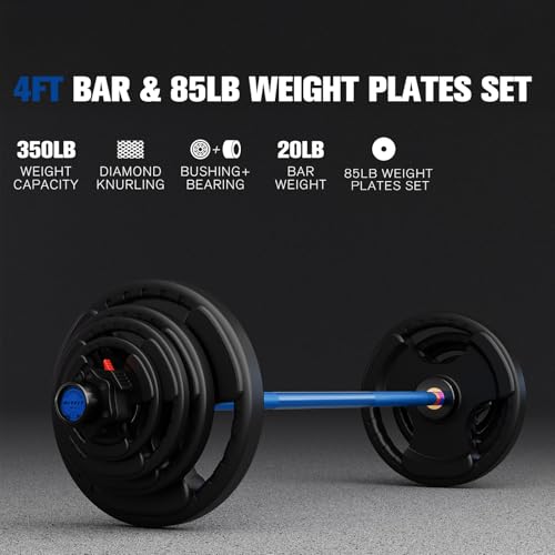 RitFit Barbell Weight Set - 4/6FT Olympic Barbell with Weight Plates (55-115LB Total) - Weightlifting Equipment for Squats, Curls, Deadlifts, Presses, Hip Thrusts - color: Black/Blue, size: 4FT With 85LB Plates