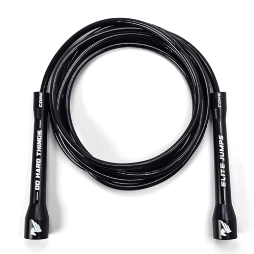 Elite Jumps 6mm PVC Jump Rope, Adjustable Skipping Rope | Non-kinking PVC cord. Unbreakable handles. Smooth rotation. For cardio and boxing. - color: Black/Black - 5" Handle