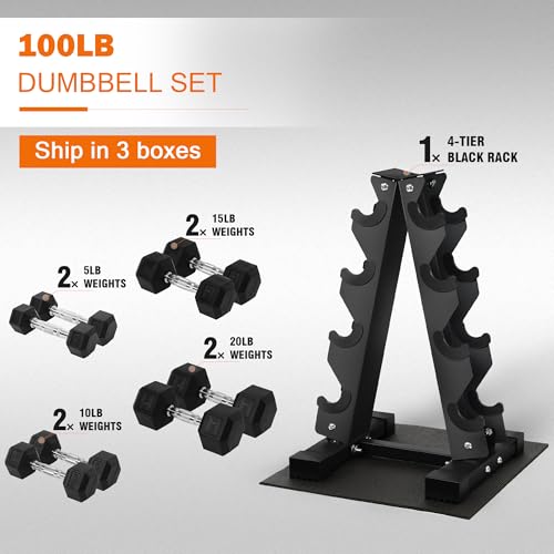 Fitvids Rubber Coated Hex Dumbbell Set with Storage Rack, 100/150/200/550 LB Hand Weight Set with Anti-Slip Grip for Home Gym - size: 100LBS Set