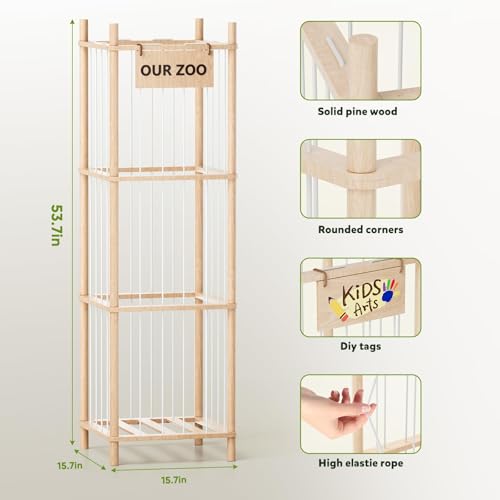 Dayacoco Stuffed Animal Storage, Wood Stuffed Animals Organizer Holder Zoo, Extra Large Capacity Stuff Storage with Elastic Band and Net for Nursery Kids Play Room Bedroom (Pine wood) - size: 3 Tiers Without Wheels