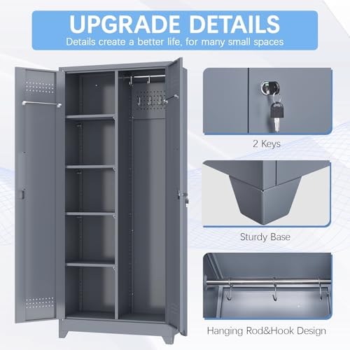 IRONFFICE Metal Garage Storage Cabinets,Metal Broom Closet Storage Cabinet,Utility Cabinets for Brooms and Mops,Steel Tall Cabinet with Shelves for Laundry Room,Bathroom,Home,Grey - size: 72"H x 31.5"W x 15.74"D-Grey