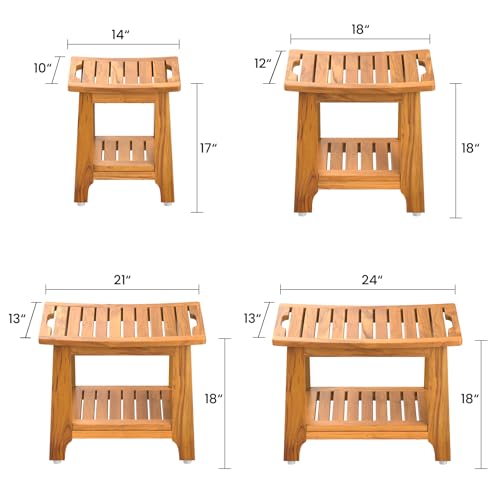 24" Large Teak Shower Bench with Shelf & Handle - Waterproof Spa Stool, Non-Slip Leveling Feet & 300 lbs Capacity - for Showers, Saunas/Steam Rooms & Outdoor Pools (Patented) - size: 24"W x 13" Dx 18"H