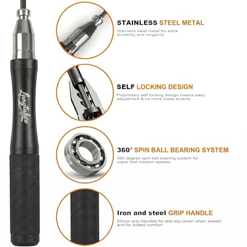 LANGETUKEE Speed Jump Rope - Professional Aluminum Alloy Skipping Rope with 360° Bearings - Adjustable 4mm Steel Cable for Double Unders, Boxing, MMA, HIIT & Cardio Training - Anti-Slip Grip - color: Black4