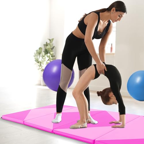 Goplus Gymnastics Mat, Folding Tumbling Mat with Carry Handles, Hook & Loop Fasteners, 4 Panels for Fitness Exercise Yoga Stretching Aerobics Workouts, Thick Gym Mats for Home - color: Pink&Rose
