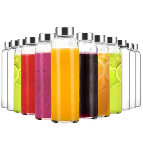 Luxfuel Clear Glass Bottles with Lids, 18oz Glass Water Bottles for Juicing | 100% Leak Proof Reusable Juice Bottle with Stainless Steel Cap for Smoothie, Milk, Refrigerator, Dishwasher Safe, Set of 24 - color: Clear Glass Bottle 24Pack, size: 18oz