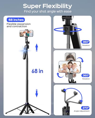 NEMOVA 68'' Auto Face Tracking Tripod for iPhone, 360° Rotation Phone Tripod with Wireless Remote and Phone Holder, Selfie Stick for Android, Applied to YouTube, Tiktok, Facetime | 360 Degree Rotation, AI Face Tracking, Gesture Control, Aluminum Alloy, Ph