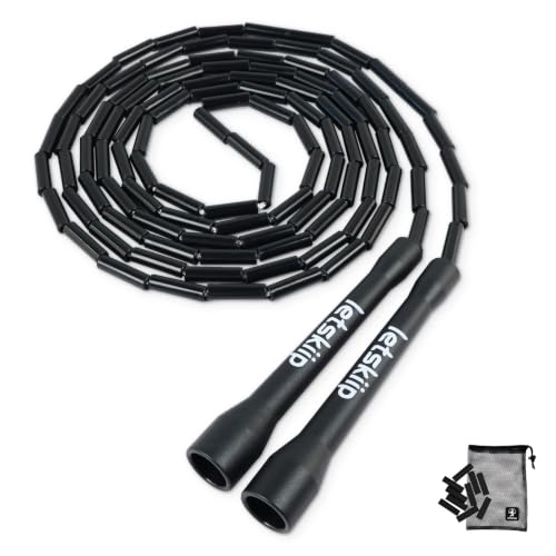 Classic Beaded Jump Rope, Adjustable Tangle-Free Set | 4 styles, segmented skipping rope with shatterproof PP beads, for indoor/outdoor fitness, kids & adults, 10 spare beads & bag - color: Black
