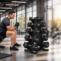 HANDBODE Rubber Coated Hex Dumbbell Set with A-Frame Rack, 100 lb - 600 lb Multiple Options Weight, Hexagon Non-Rolling Shape, Ergonomic Knurled Handle, Home Gym Equipment for Strength Training - style: 150 lb (5, 10, 15, 20, 25 lb) X 2 & Rack
