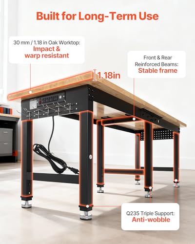 VEVOR Adjustable Workbench, 5000 lbs Capacity, 72 x 24 Inch Oak Wood Top Workstation with 4 AC Outlets & 2 USB Ports, Heavy-Duty Hardwood Worktable for Garage, Workshop, Home, Office, Commercial - size: 72 x 24 x 29.1-39 in