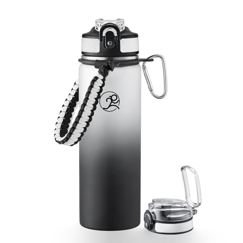 GOSWAG 24oz Insulated Stainless Steel Travel Water Bottle, 2 Lids | with straw and no straw, Paracord handle, Double-wall vacuum keeps drinks cold or hot, Leakproof tumbler - color: Gray-Black Ombré