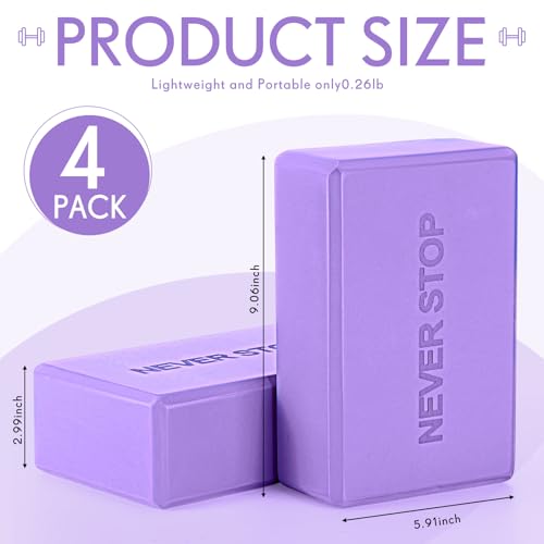 RoundFunny 4 Pack Yoga Blocks Non Slip Pilates Brick Foam Blocks Pilates Dance Gymnastics Workout Fitness Props Tool for Stretching Meditation and Exercise - color: Purple