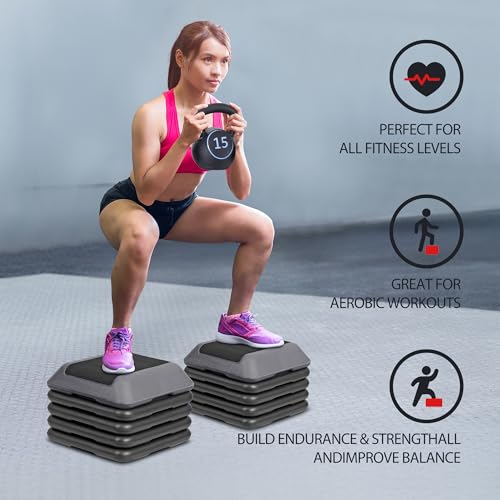 F2C Aerobic Step Exercise Platform Stepper with 4 Risers 16" x 16", Adjustable Height 4"-6''-8''-10''-12" Home Gym Workout Equipment, Fitness Exercise Equipment, Workout Stair Stepper - color: Black