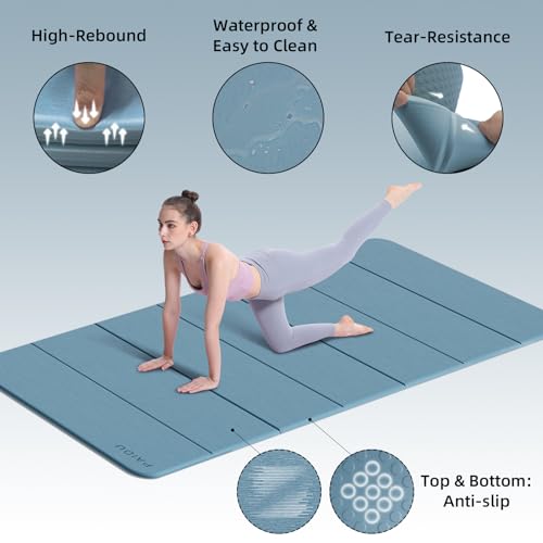 PAIDU Foldable Yoga Mat (10MM) 75‘’x40‘“ Quick Fold，Easy Storage | TPE Non-Slip Design, Ea Extra Long/Wide for Indoor Yoga, Pilates and Outdoor Travel Workouts - color: Blue Gray